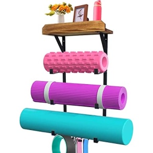 Sortolly Yoga Mat Rack Wall Mounted with 5 Hooks, Home Gym Yoga Mat Holder for Exercise Accessories Foam Roller Straps Blocks Bands