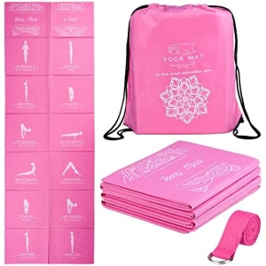 Foldable Yoga Mat for Women, Non Slip Exercise Mat for Home Gym, Travel Yoga Set With Stretch Strap for Yoga Pilates and Fitness