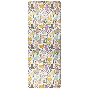 Cute Little Cat Pattern Print Foldable 1/16 Inch Thin Hot Yoga Mat, Sweat Absorbent Non Slip, High-Grade Natural Rubber and Suede Travel White Yoga Mat, Yoga and Pilates, Coming with Carrying Bag