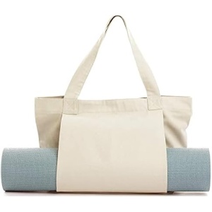 PMUYBHF Canvas Tote Bag with Yoga Mat Carrier Pocket Carryall Shoulder Bag for Office, Travel, Workout, Pilates, Beach and Gym