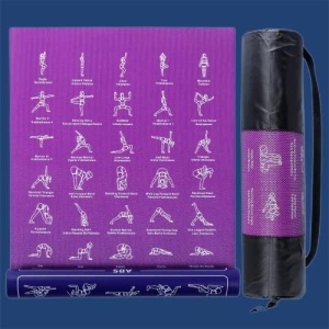 Instructional Yoga Mat with 75 Poses Printed on It, 6mm Travel Yoga Mat with Bag for Women and Men, 1/4 Inch Extra Thick Non-Slip, Purple & Blue